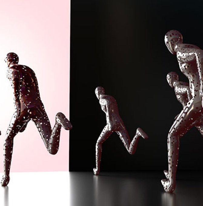Die Computergrafik zeigt roboterartige Figuren mit vielen Löchern und Artefakten auf dem Weg ins Licht. Digital hergestellt in Köln am 17.04.2018.