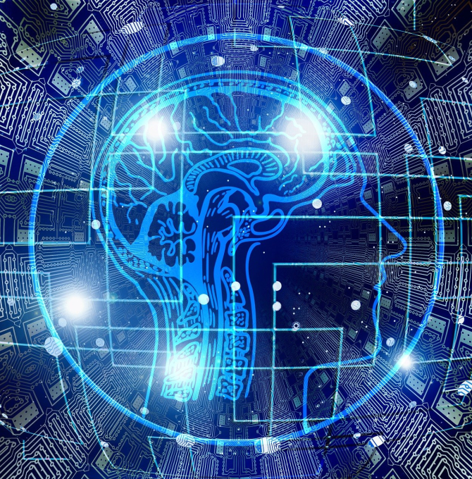 Künstliche Intelligenz - Computerdesign: Kopf vor schwarzem Hintergrund