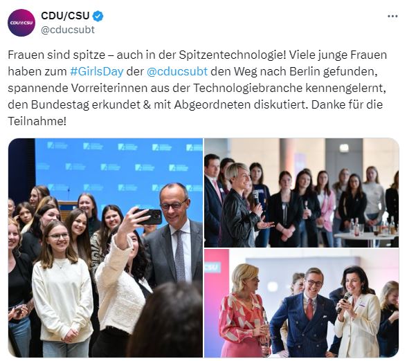Tweet der cducsubt mit dem Text Frauen sind spitze – auch in der Spitzentechnologie! Viele junge Frauen haben zum #GirlsDay der @cducsubt den Weg nach Berlin gefunden, spannende Vorreiterinnen aus der Technologiebranche kennengelernt, den Bundestag erkundet & mit Abgeordneten diskutiert. Danke für die Teilnahme!