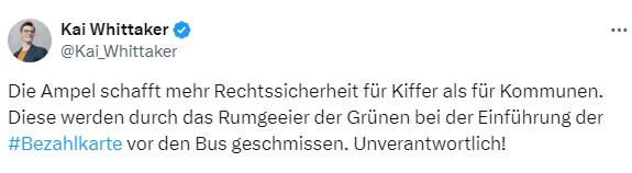 @Kai_Whittaker Die Ampel schafft mehr Rechtssicherheit für Kiffer als für Kommunen. Diese werden durch das Rumgeeier der Grünen bei der Einführung der #Bezahlkarte vor den Bus geschmissen. Unverantwortlich!