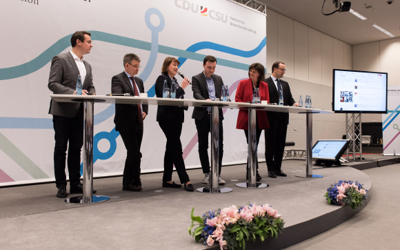 Jens Spahn MdB, Ilse Aigner MdL, Paul Ziemiak, Hildegard Müller, Prof. Dr. Dr. Johannes Wallacher und Florian Nöll (v.r.n.l.) Kongress Deutschland 2050 - Gesellschaft. Mobilität. Arbeit.