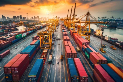 Container warten im Hafen zum Verladen auf Schiffe 
