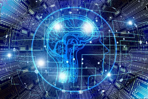 Künstliche Intelligenz - Computerdesign: Kopf vor schwarzem Hintergrund