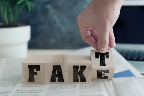 FAKE oder FAKT auf Holzblöcken auf einer Zeitung