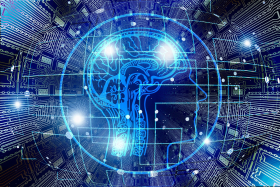Künstliche Intelligenz - Computerdesign: Kopf vor schwarzem Hintergrund