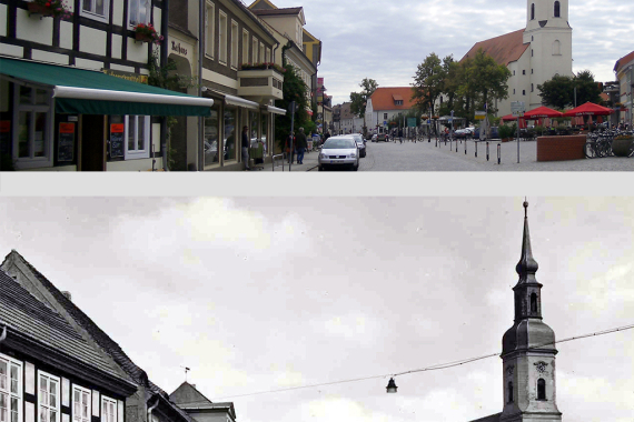 Marktplatz mit Kirche in Lübbenau, 1950 und 2013