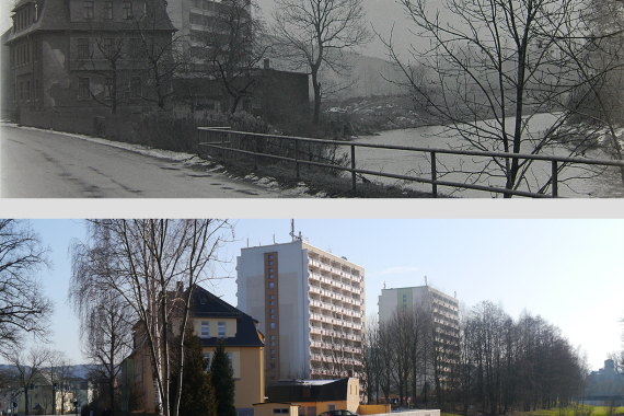 Flußufer und Bebauung in Flöha, vor und nach 1989