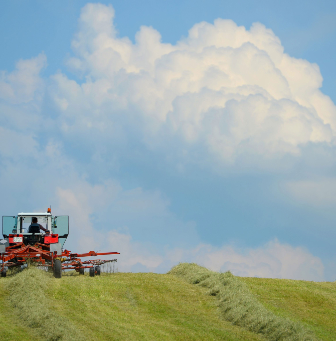 Traktor mäht eine Wiese