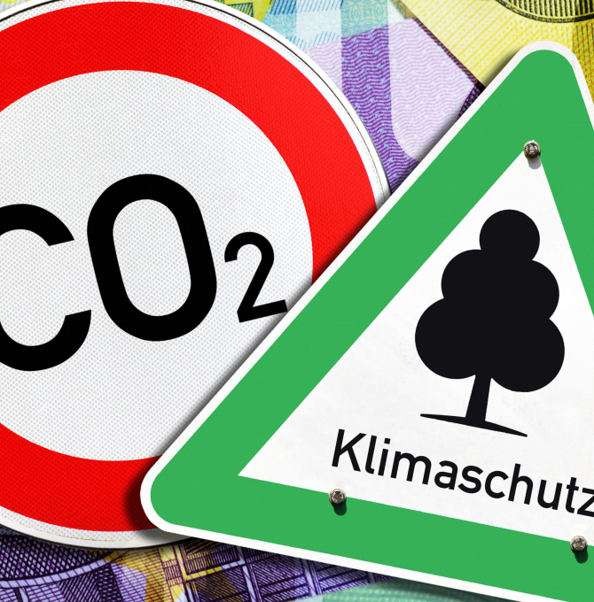 Klimaschutz-Schild und CO2-Verbotsschild vor Geldscheinen, Symbolfoto CO2-Steuer