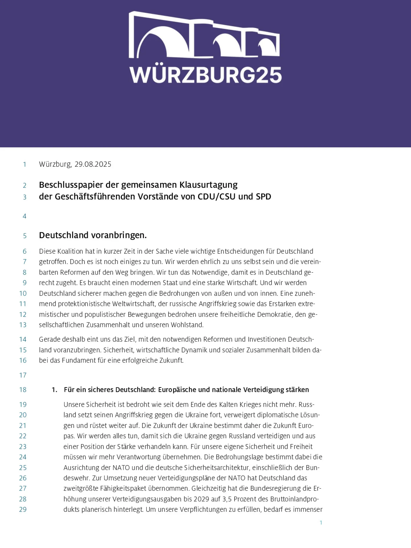 Beschlusspapier der gemeinsamen Klausurtagung der Geschäftsführenden Vorstände von CDU/CSU und SPD